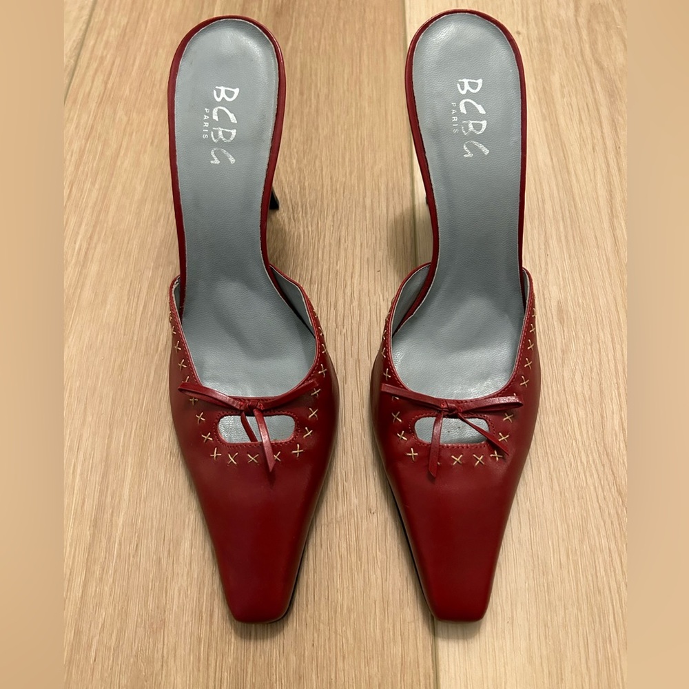Red leather BCBG heeled slides